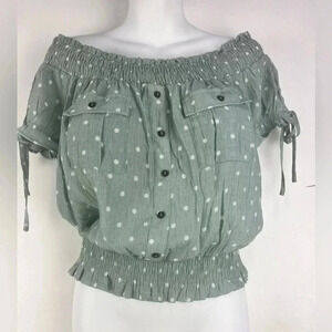 E & M Shirt Womens Medium Green White Polka Dot Off the Shoulder Blouse
